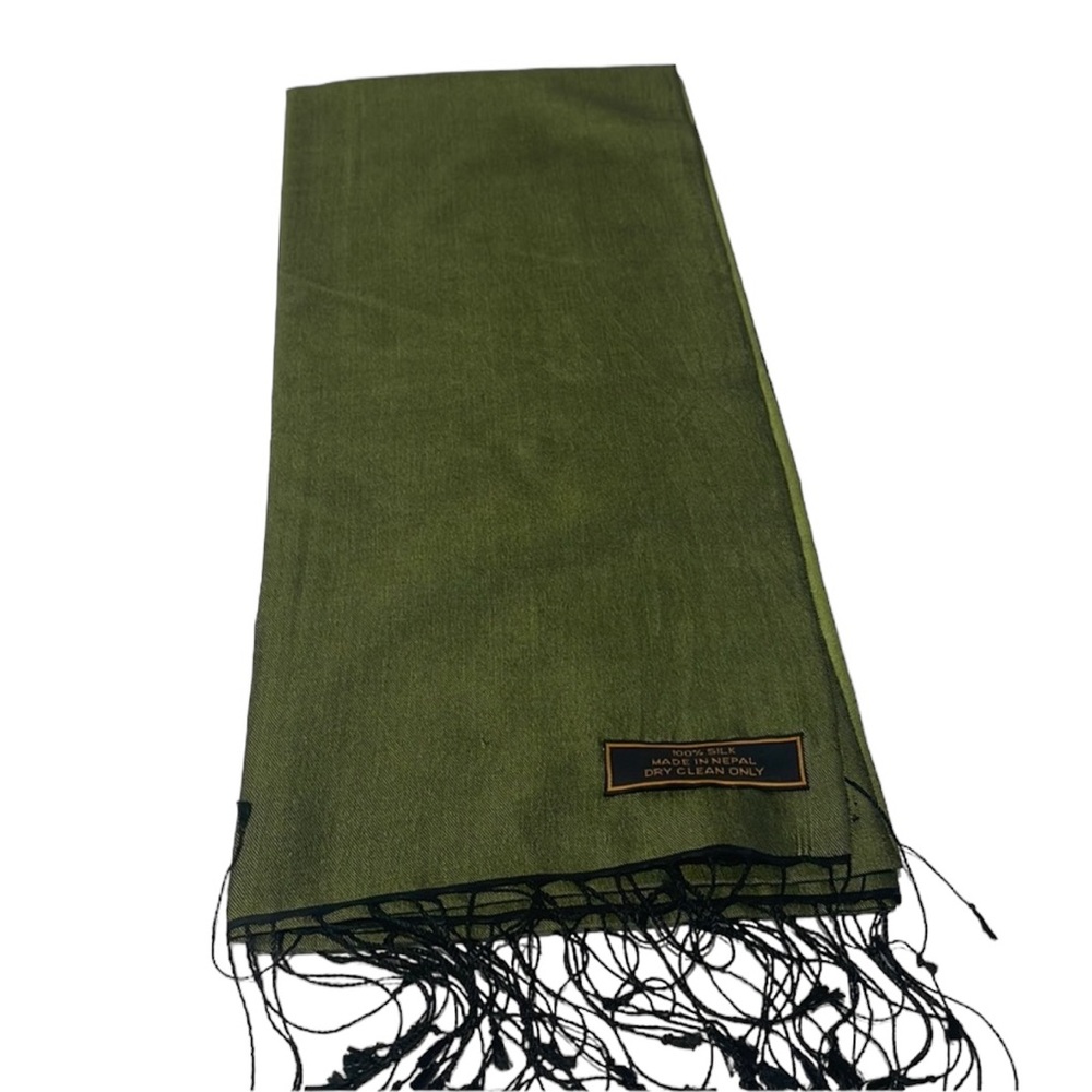 Beautiful green silk scarf with black string fringe. NWT